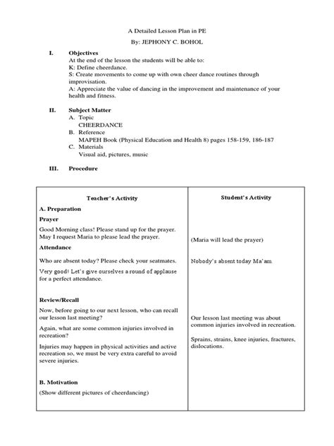 Detailed PE Lesson on Cheerdance Basics, Benefits .